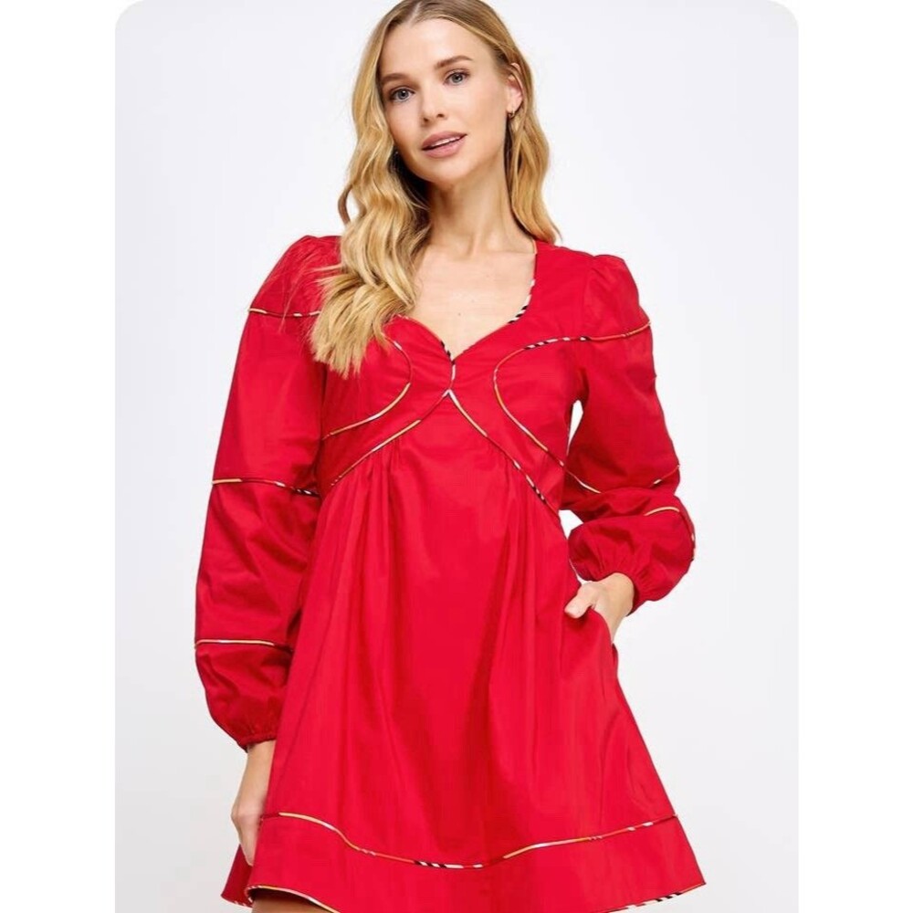 Strut & Bolt Alaina Red Mini Dress Contrast Piping Long Balloon Sleeve Women’s M